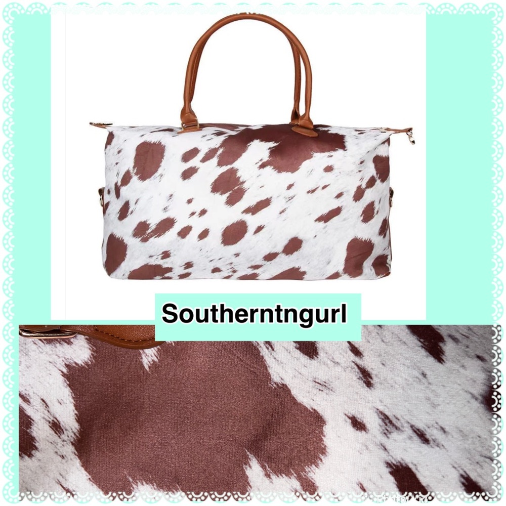 NWT  THOMAS AND LEE CO Faux suede and leather Cow Print Weekender Travel Bag